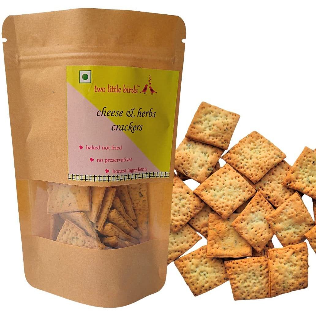 two little birds Cheese & Herbs Crackers - Italian Herbs and Cheese Flavoured| Baked Not Fried| Eggless, Handmade, Freshly Baked Snacks Chips| No Added Preservatives or Palm Oil| 120Grams (Pack of 1)