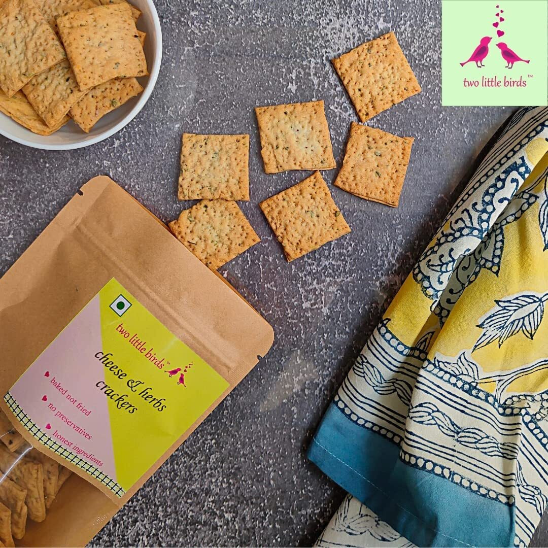 two little birds Cheese & Herbs Crackers - Italian Herbs and Cheese Flavoured| Baked Not Fried| Eggless, Handmade, Freshly Baked Snacks Chips| No Added Preservatives or Palm Oil| 120Grams (Pack of 1)