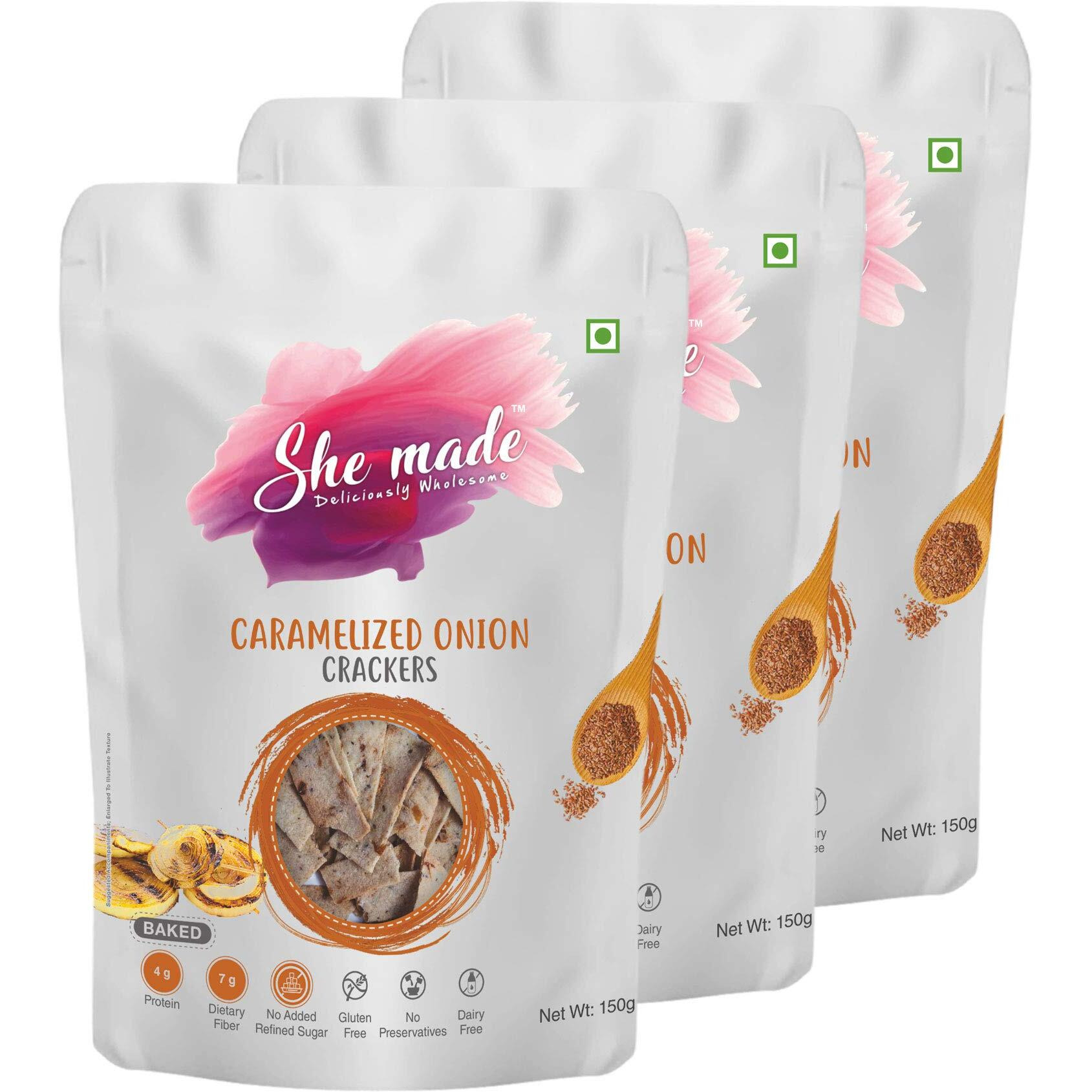 She Made Foods Crackers Biscuit - Pack of 3, Caramelized Onion Flavour, Vegan & Gluten-Free Snack, Healthy Baked Crackers, Tasty Gourmet Bites (150 grams each)