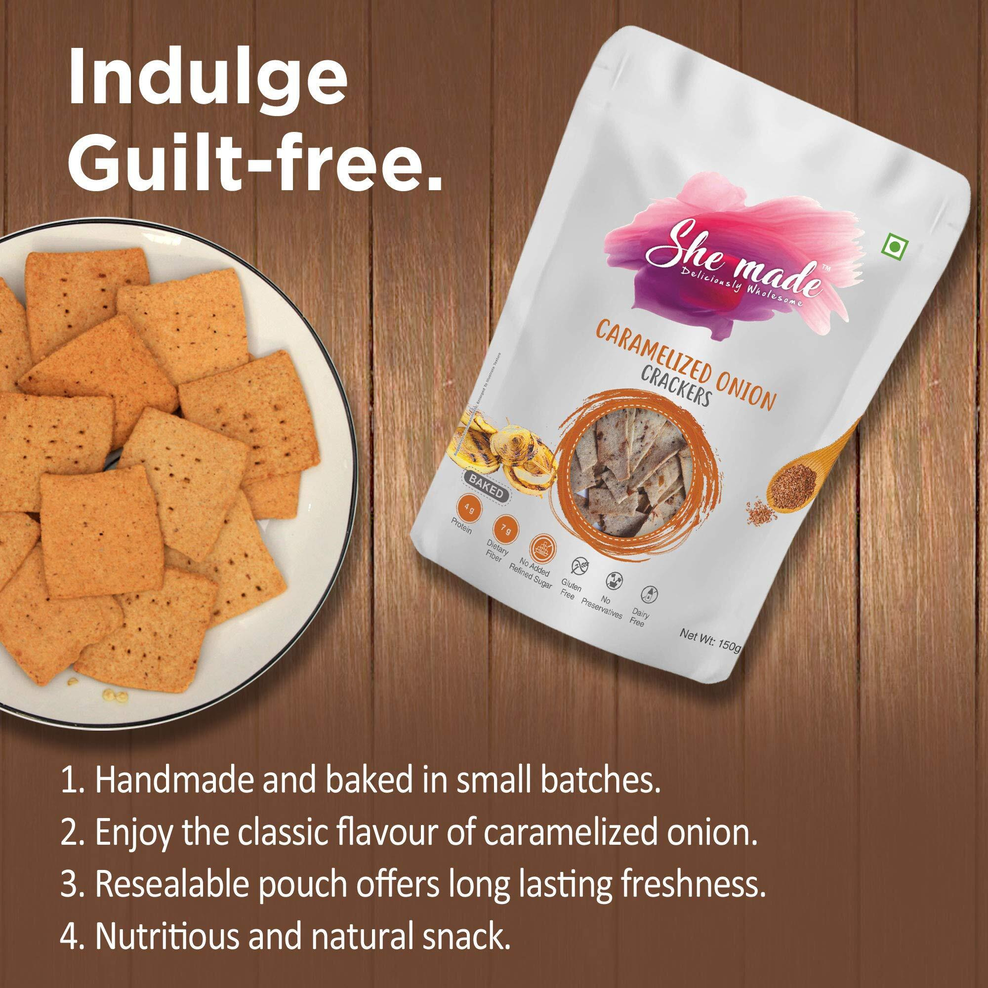 She Made Foods Crackers Biscuit - Pack of 3, Caramelized Onion Flavour, Vegan & Gluten-Free Snack, Healthy Baked Crackers, Tasty Gourmet Bites (150 grams each)