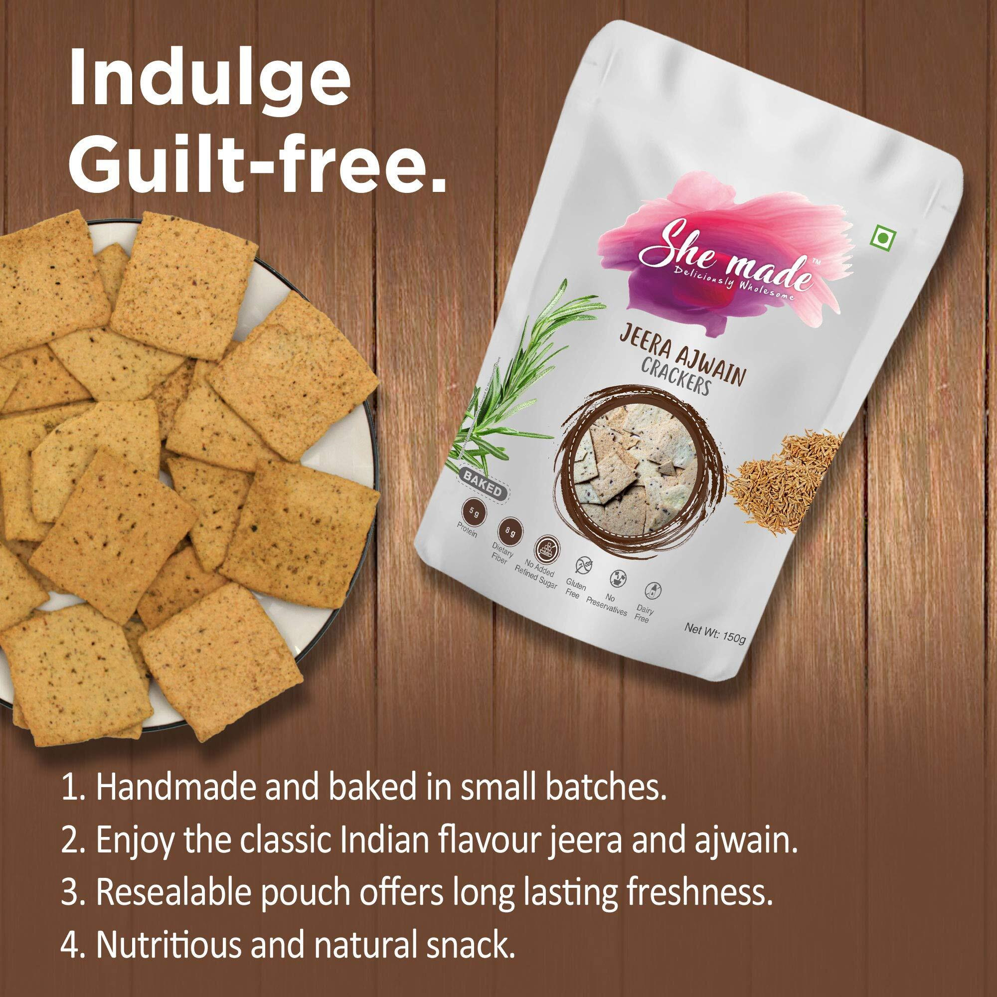 She Made Foods Crackers Biscuit - Pack of 2, Jeera Ajwain Flavour, Vegan & Gluten-Free Snack, Healthy Baked Crackers, Tasty Gourmet Bites (150 grams each)