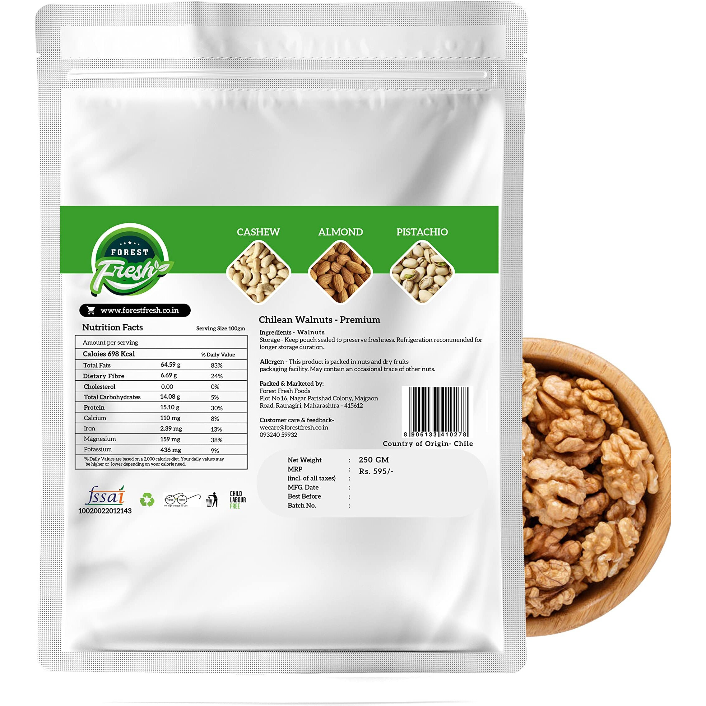 Forest Fresh Walnuts - Premium Chilean Extra Light Walnut Kernels Halves without Shell (Akhrot) - 250 gm