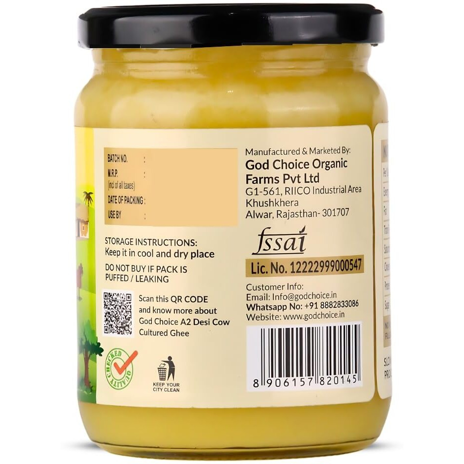 God Choice Organic Farms  Pure A2 Desi Cow Ghee 500 ML | Cultured Desi Cow Ghee from Bilona Method | Curd Churned Organic Cow Ghee (Glass Jar)