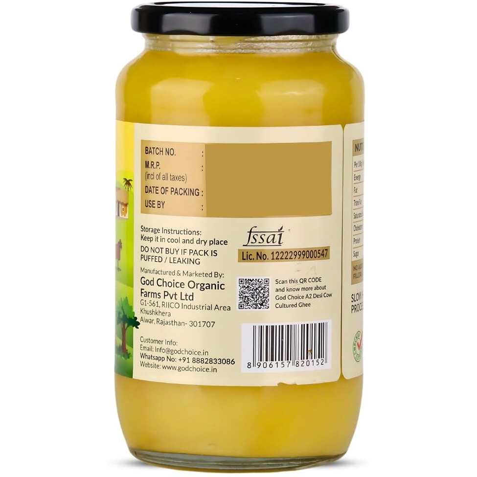God Choice Organic Farms  Pure A2 Desi Cow Ghee 1 Litre | Cultured Desi Cow Ghee from Bilona Method | Curd Churned Organic Cow Ghee (Glass Jar)