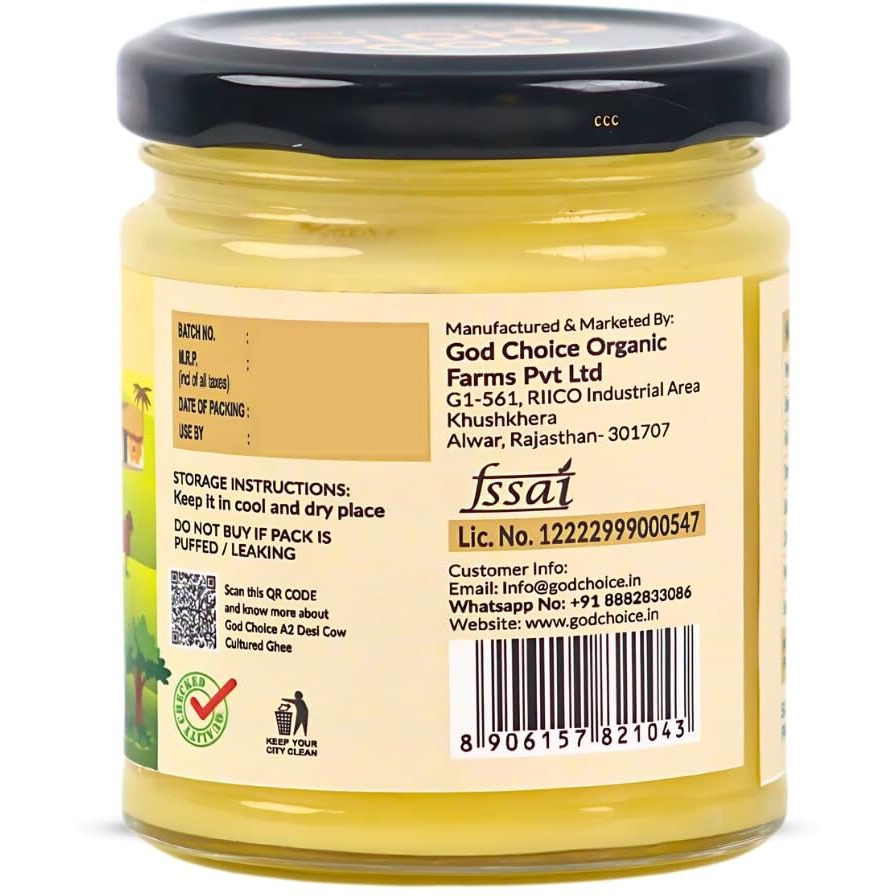 God Choice Organic Farms  Pure A2 Desi Cow Ghee 150 ML | Cultured Desi Cow Ghee from Bilona Method | Curd Churned Organic Cow Ghee (Glass Jar)