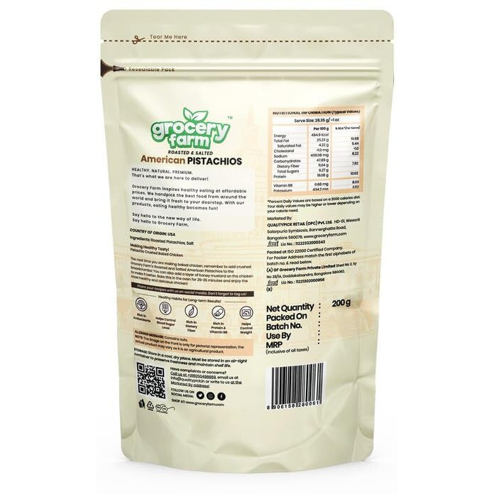 Grocery Farms American Pistachios | Roasted, Salted, Healthy and Natural Pista | 100% Natural and Preservative-free | Perfect for A Healthy Snacking and Baking Experience | Pack of 1-200gm