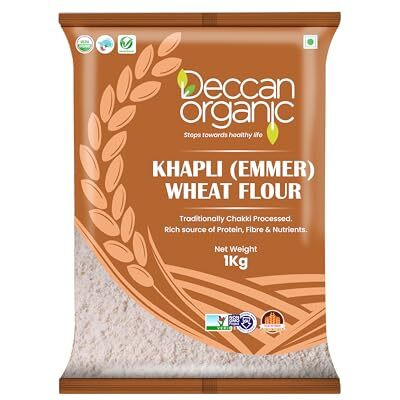Deccan Organic Khapli Emmer Wheat Atta Flour, Brown, 1000 gm Pouch