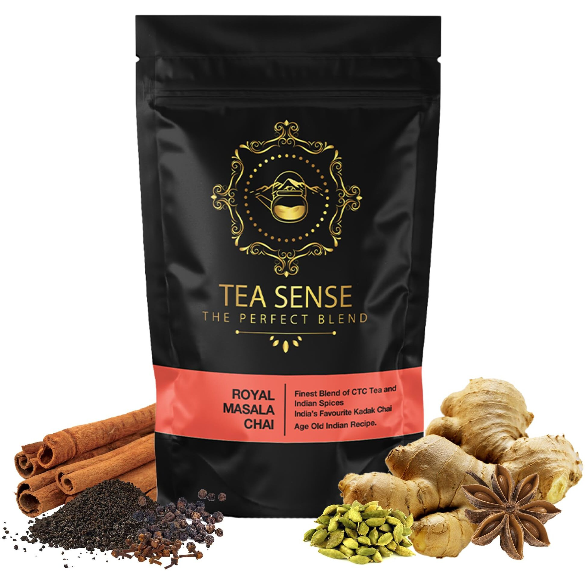 Tea Sense Royal Masala Chai | 200g Loose Tea | Kadak | CTC Tea, Ginger, Cardamom, Clove, Cinnamon, Black Pepper, Star Anise | 80+ Cups