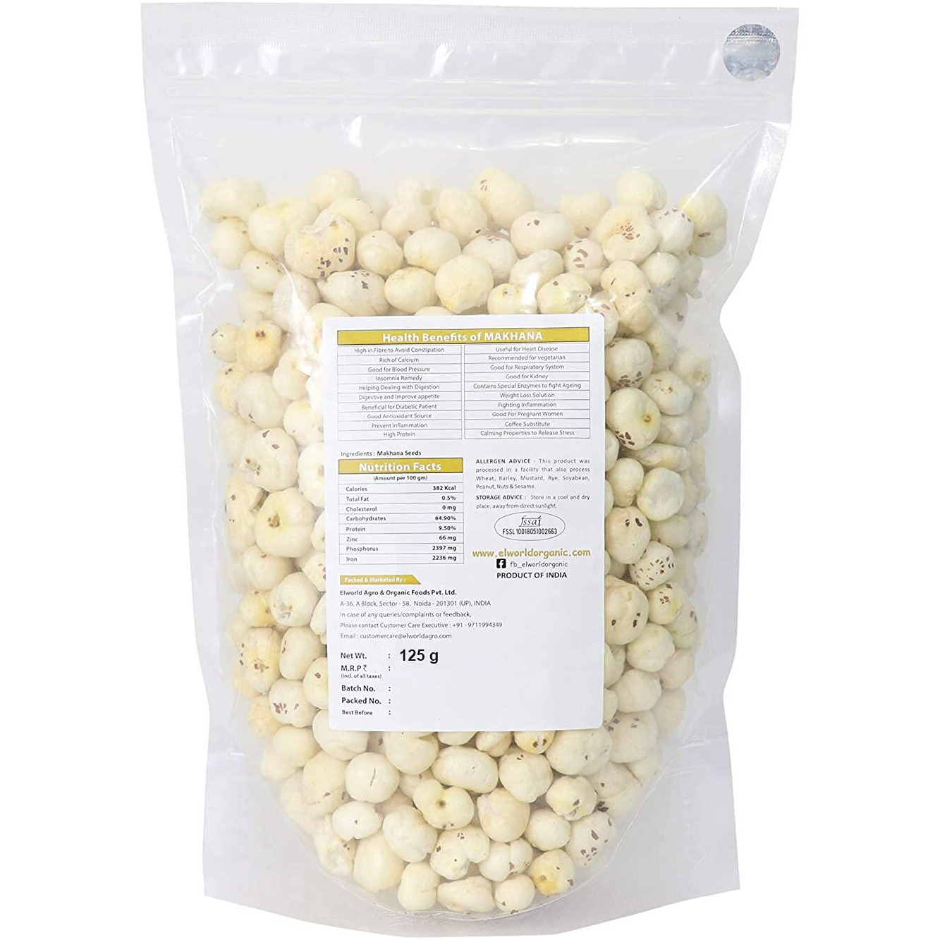 Elworld Agro & Organic Food Products Natural Makhana/Foxnut Premium (125g)
