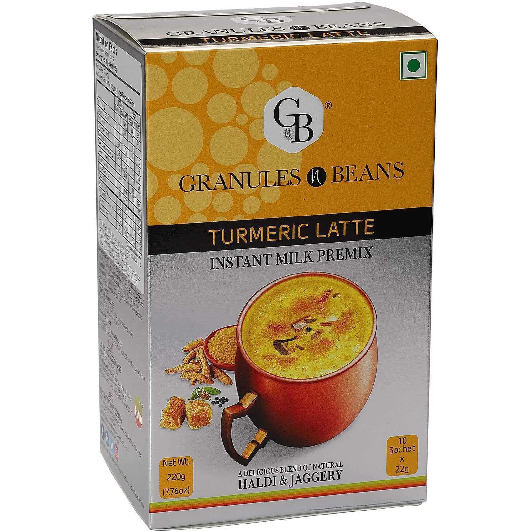 GnB GRANULES n BEANS Turmeric Latte Instant Milk Premix Haldi & Jaggery - (10 Sachet X 22G  220G)