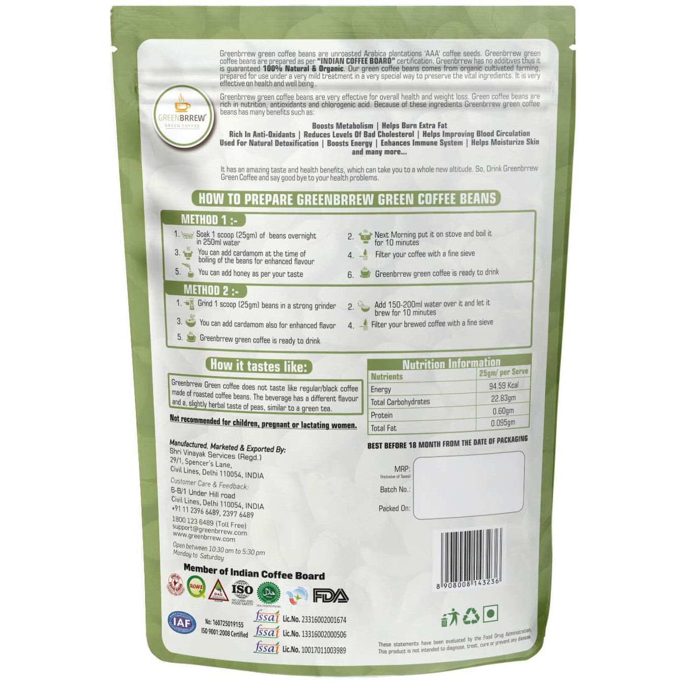 Greenbrrew Organic Unroasted Green Coffee Beans for Weight Loss, 200g