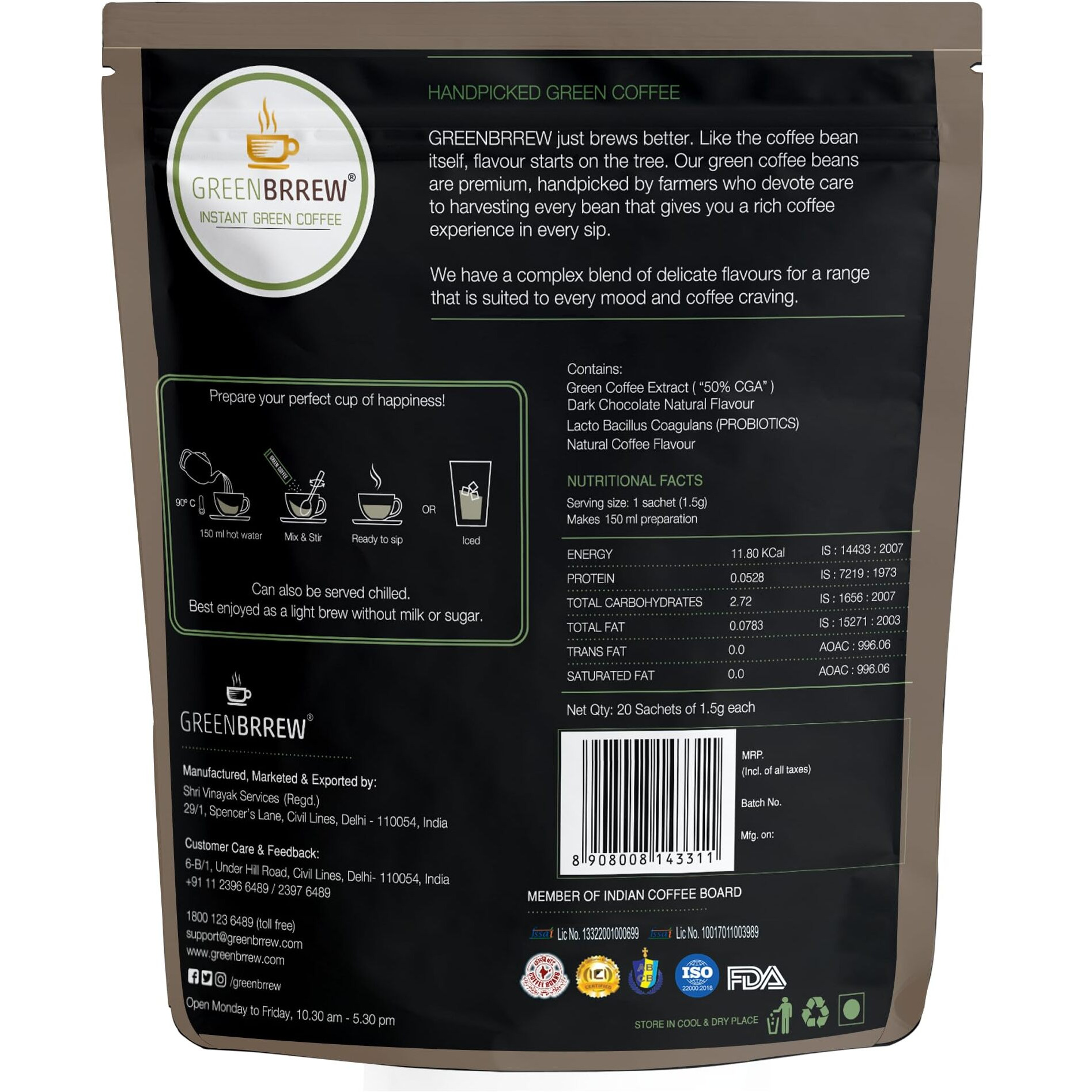 Greenbrrew Dark Chocolate Instant Coffee | Green Coffee Extract (PL-AAA) + Probiotics | Hot & Cold Coffee | 20 Sachets, 30g