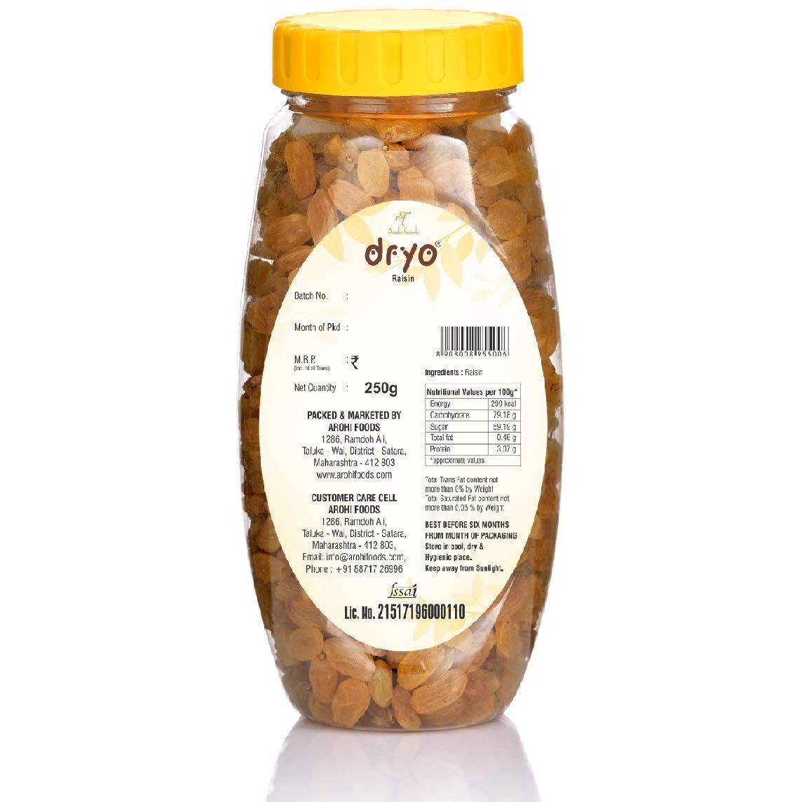 Dryo Premium Natural Healthy Raisin Kishmish, 250 gm, Dry fruit, Healthy snacks,Nuts Ready to eat, Vegan,Gluten free,Non Gmo,Trans fat free,Cholesterol free
