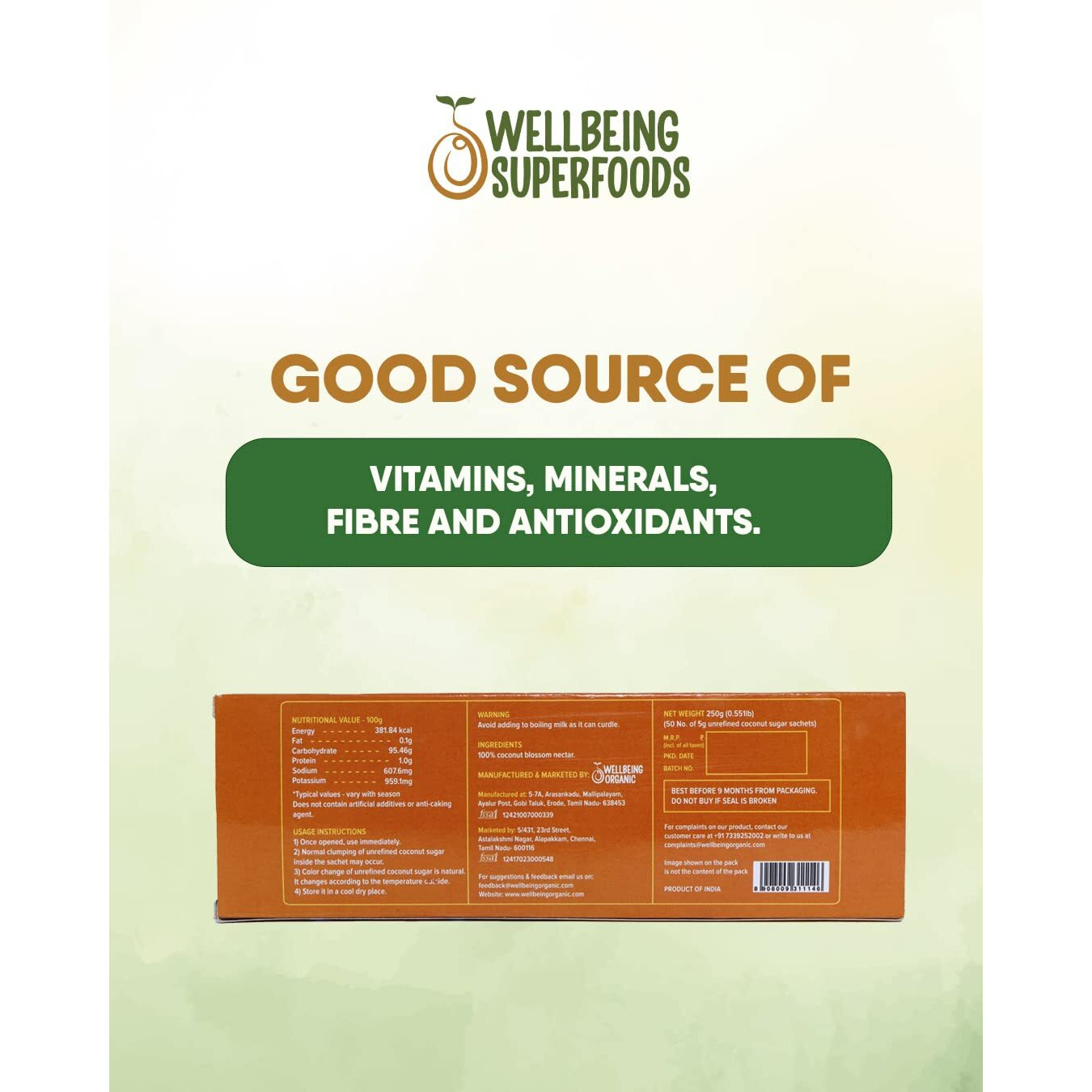 Coconut Cultures Unrefined Coconut Sugar - 5g*50 Sachets | Low GI sweetener | Rich in minerals | Healthy sugar variety | Natural sweetener | No added preservatives