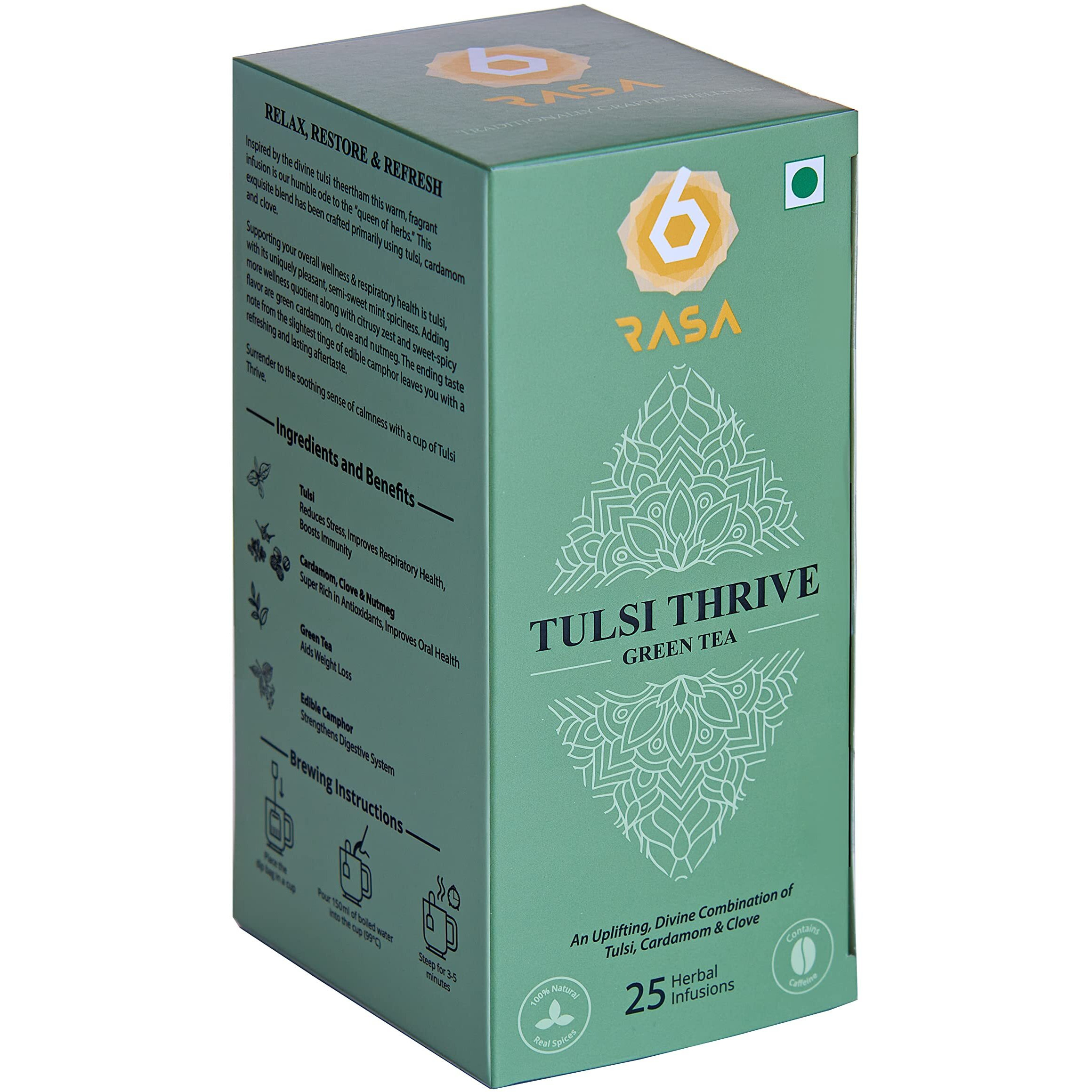 6rasa Tulsi Thrive Green Tea Bags With Cardamom,Clove|For Stress Relief,Immunity&Respiratory Health|100% Natural Herbs&Spices|No Added Sugar (1.7 Grams Each,25 Dip Bags) (Pack Of 1)