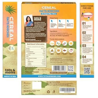 Tots & Moms Instant Oats Khichdi Cereal for kids 200g | Easily Digestible - Protein & Fibre Rich | No Sugar No Salt - Preservative Free - Travel Friendly | Flavoured with Cumin & Pepper