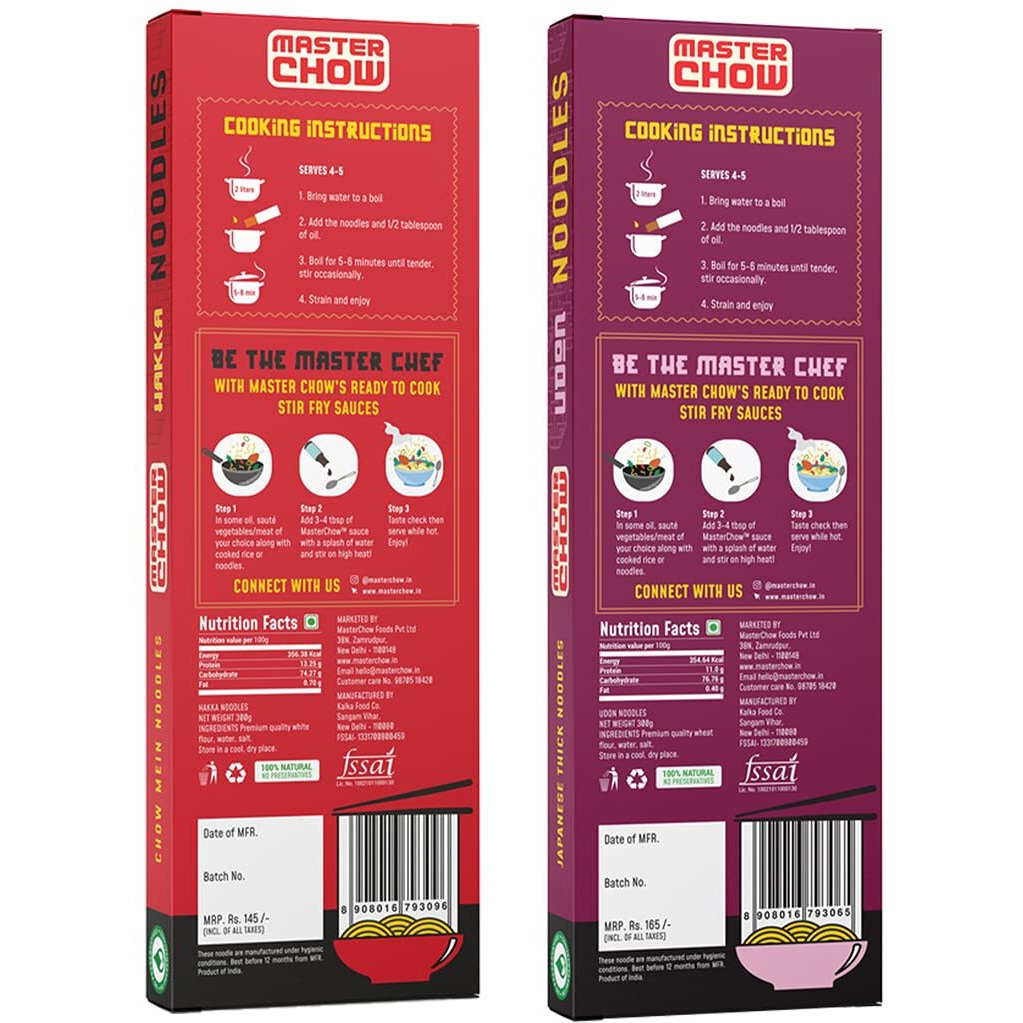 MasterChow Chinese Hakka & Udon Noodle Pack | All-Natural | Not Fried | 300g Each