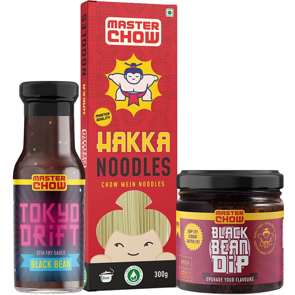 MasterChow Black Bean Jajangmyeon Combo Pack with Hakka Noodles (300 gm), Black bean Dipping sauce (200 gm) and Tokyo drift Black Bean sauce (220gm) | Made with Fermented Black Bean & Chilli Oil | No Artificial Color | Serves 4-5 Meals
