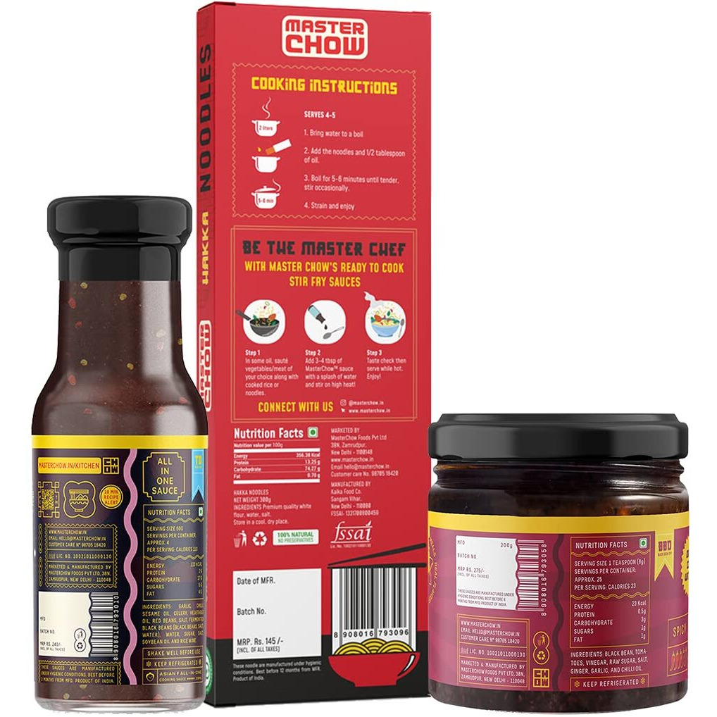 MasterChow Black Bean Jajangmyeon Combo Pack with Hakka Noodles (300 gm), Black bean Dipping sauce (200 gm) and Tokyo drift Black Bean sauce (220gm) | Made with Fermented Black Bean & Chilli Oil | No Artificial Color | Serves 4-5 Meals