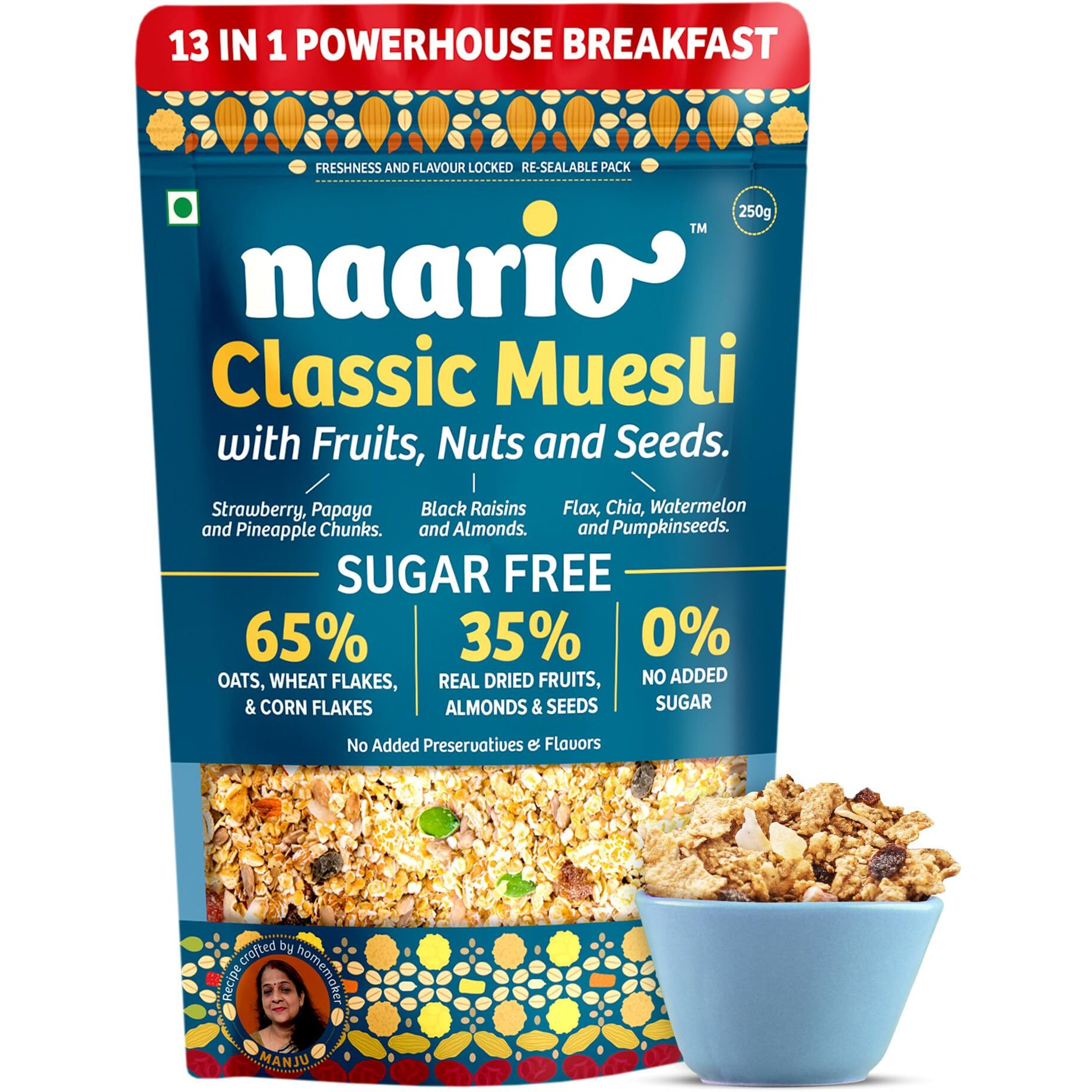 Naario Sugar Free Muesli with High Protein, Fruits and Nuts | Healthy Breakfast Cereal with Strawberries Almonds Raisins Seeds Rich in Fibre Antioxidants, No Preservatives - 250g