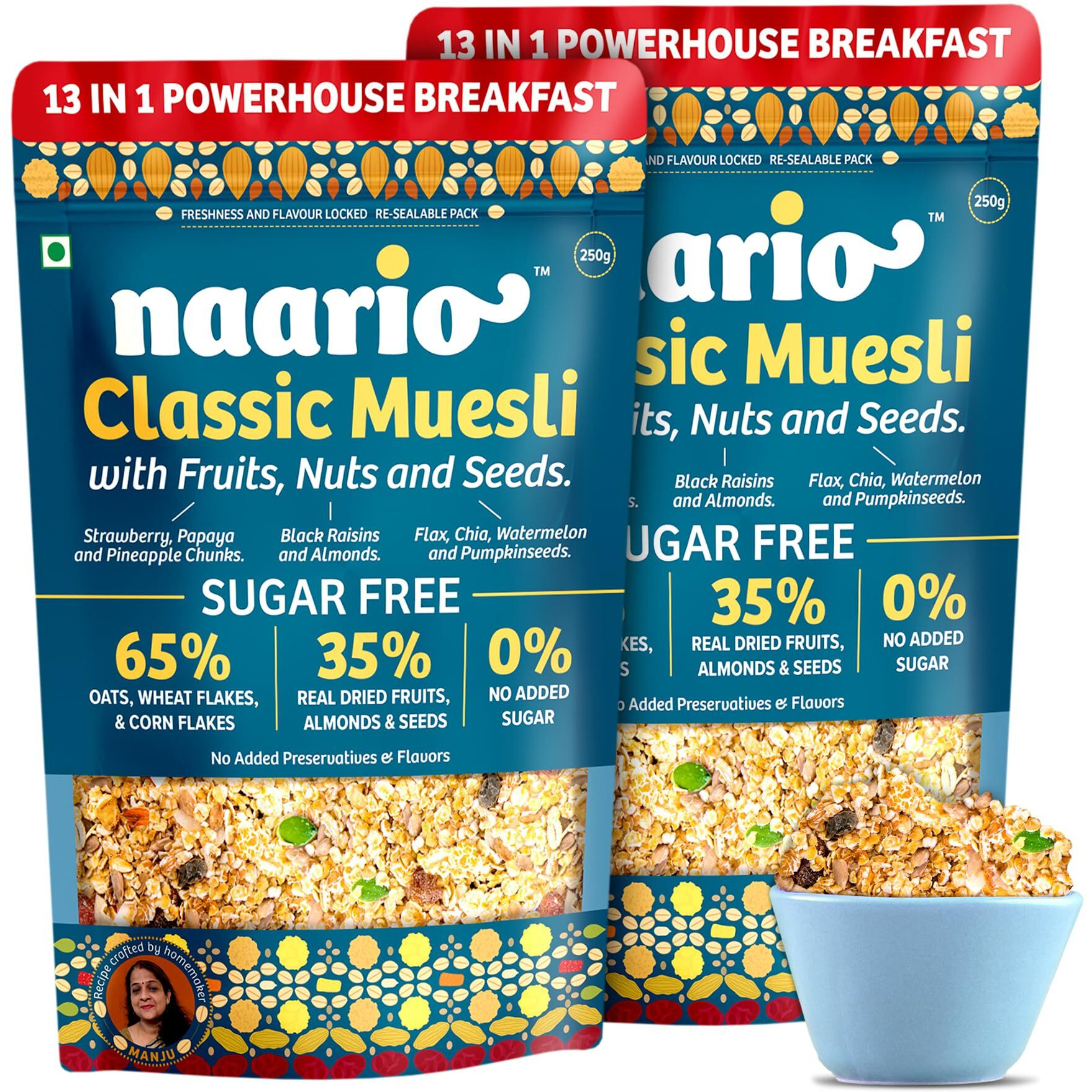 Naario Sugar Free Muesli with High Protein, Fruits and Nuts | Healthy Breakfast Cereal with Strawberries, Almonds, Raisins, Seeds, Rich in Fibre, Antioxidants, No Preservatives - 500g