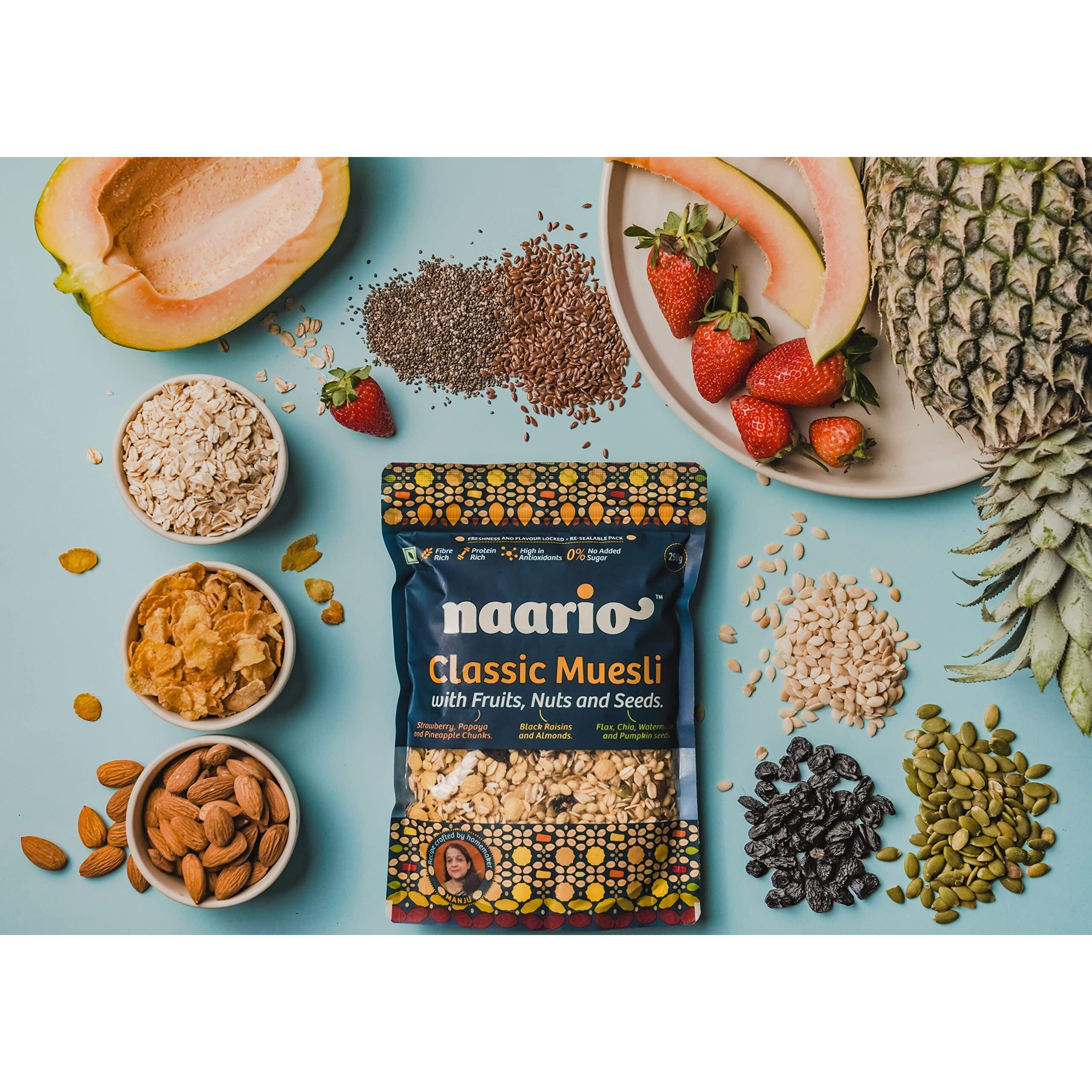 Naario Sugar Free Muesli with High Protein, Fruits and Nuts | Healthy Breakfast Cereal with Strawberries, Almonds, Raisins, Seeds, Rich in Fibre, Antioxidants, No Preservatives - 500g