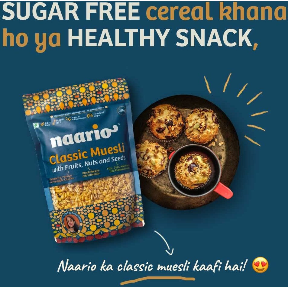 Naario Sugar Free Muesli with High Protein, Fruits and Nuts | Healthy Breakfast Cereal with Strawberries, Almonds, Raisins, Seeds, Rich in Fibre, Antioxidants, No Preservatives - 500g