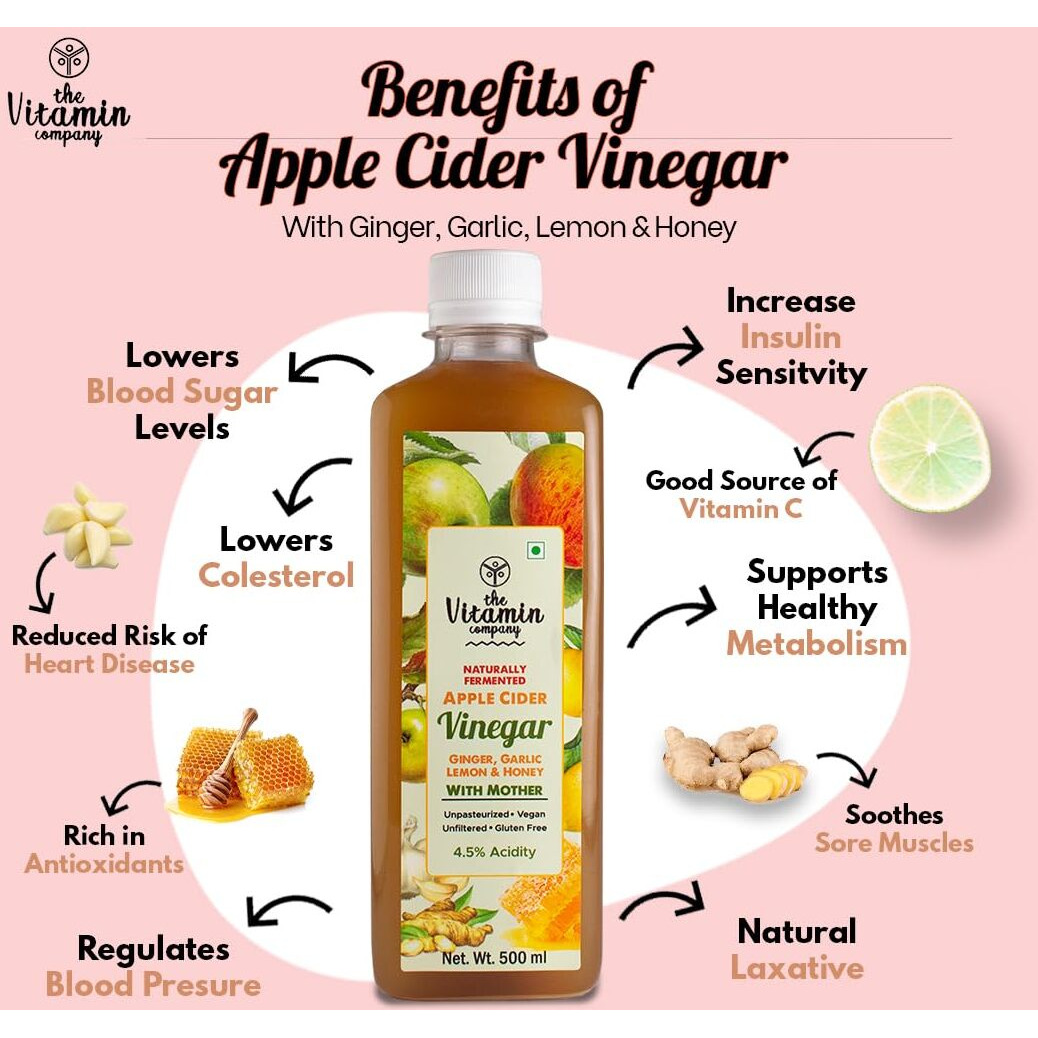 The Vitamin Company Apple Cider Vinegar 500ml with Ginger Garlic Lemon & Honey | Unfiltered & Undiluted | Suitable for Weight Loss | Improved Immunity | Lowers Bad Cholesterol (With Mother)
