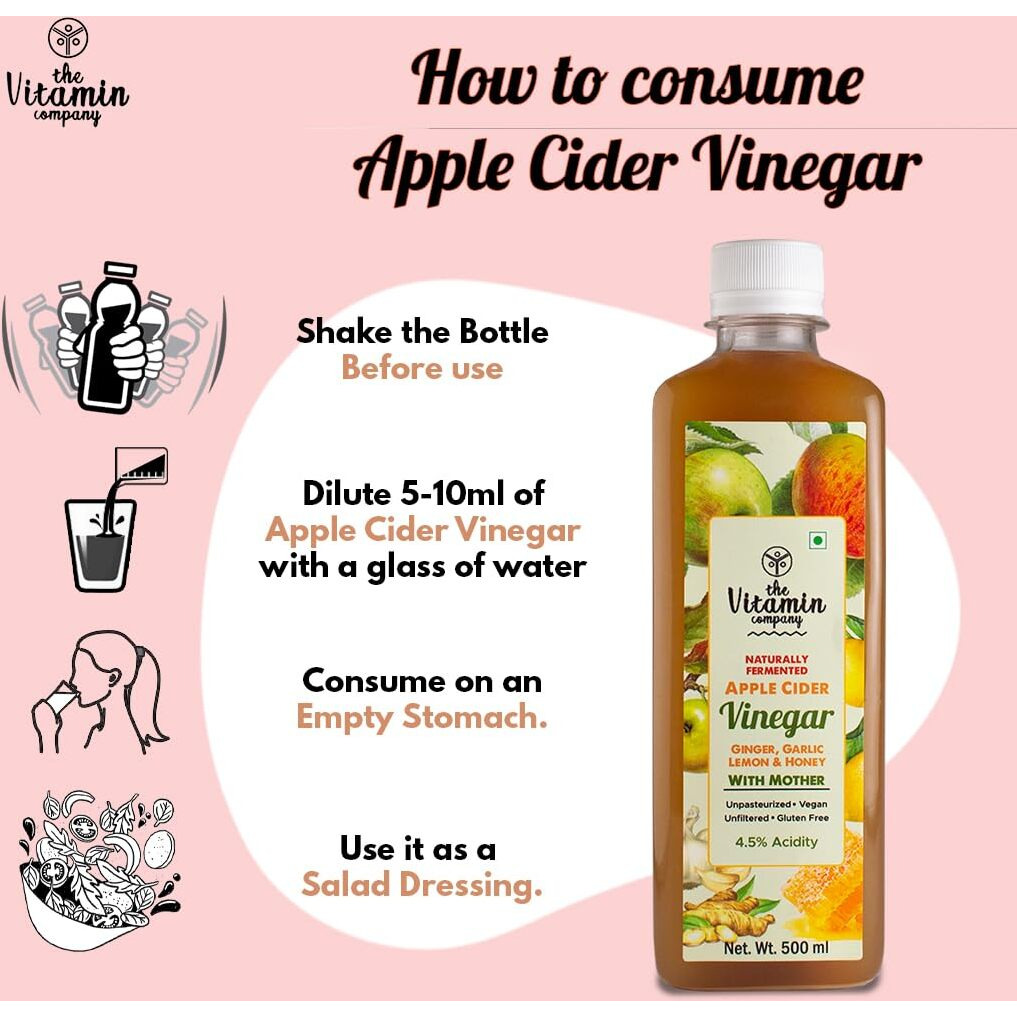 The Vitamin Company Apple Cider Vinegar 500ml with Ginger Garlic Lemon & Honey | Unfiltered & Undiluted | Suitable for Weight Loss | Improved Immunity | Lowers Bad Cholesterol (With Mother)