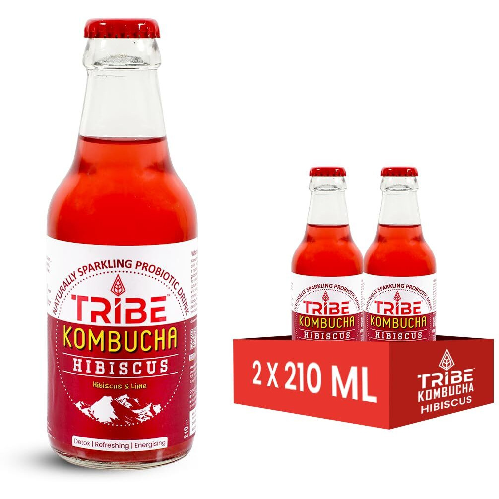 Tribe Kombucha Naturally Sparkling Probiotic Super Drink| Hibiscus & Lemon | Gut Friendly | Gluten free | Immunity Booster | Antioxidant and Hydration | Pack of 2 |210 ML