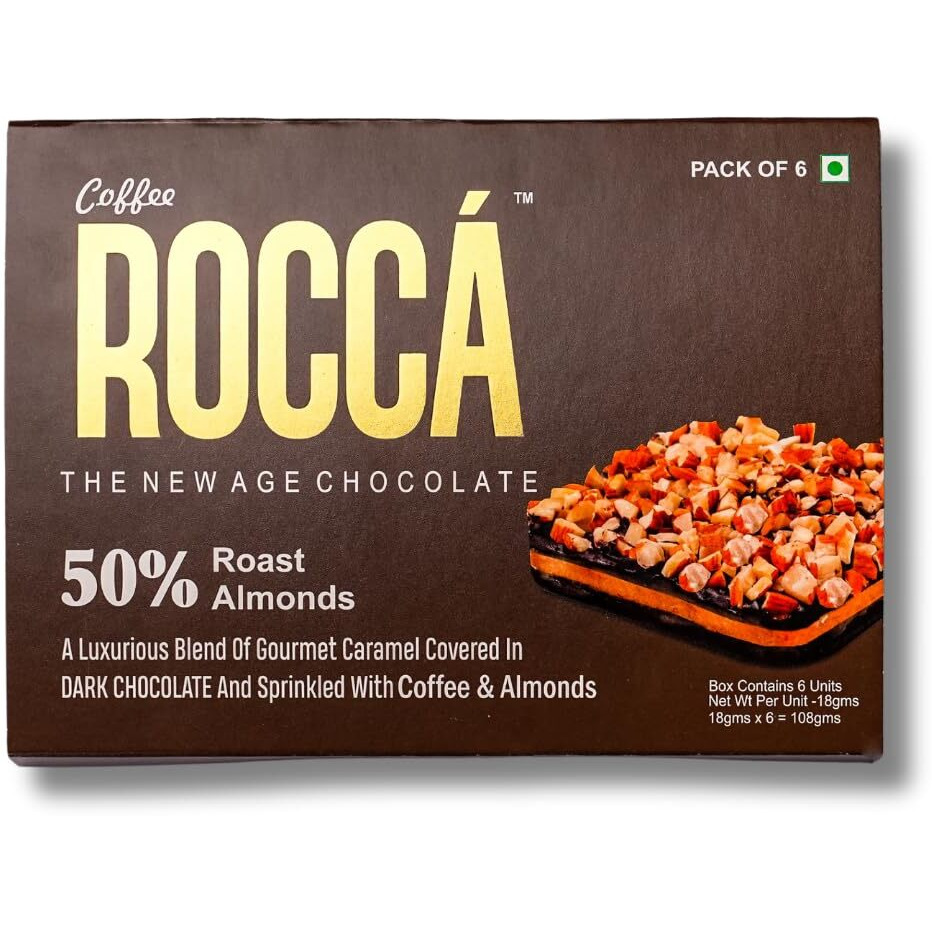 Rocca Chocolates | Coffee Brittle Pack of 6 | Gourmet Dark Chocolate with Caramel, Roasted Almonds & Coffee Beans | As Seen on Shark Tank | Chocolate Gifting | Gluten Free | 50% Nuts - 108Gms