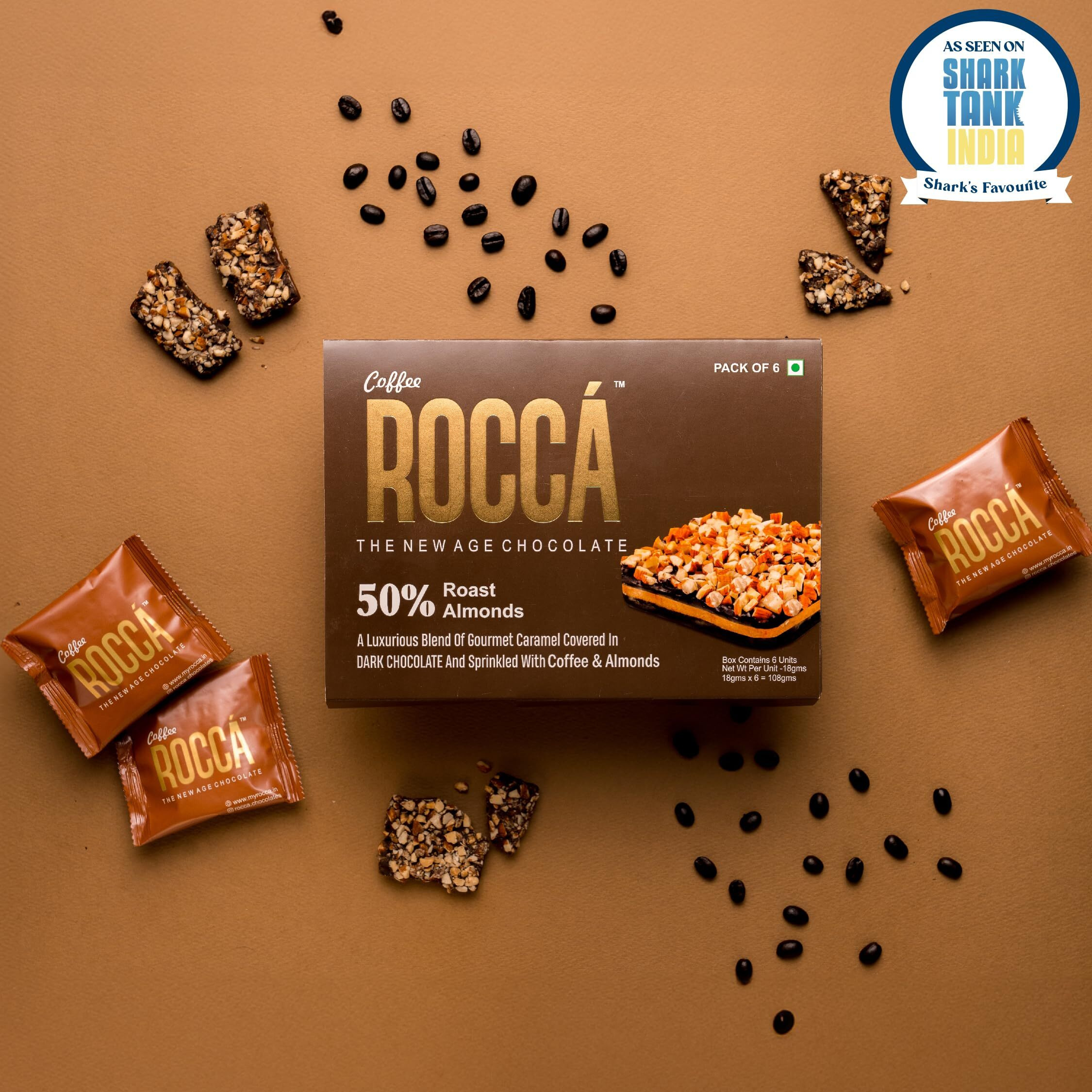 Rocca Chocolates | Coffee Brittle Pack of 6 | Gourmet Dark Chocolate with Caramel, Roasted Almonds & Coffee Beans | As Seen on Shark Tank | Chocolate Gifting | Gluten Free | 50% Nuts - 108Gms