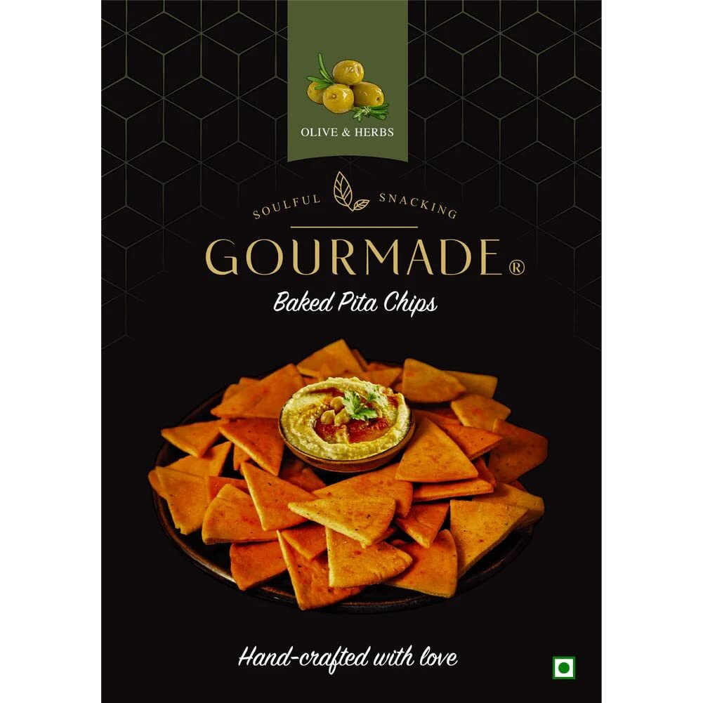 Gourmade Soulful Snacking Pita Chips Snacking Olive & Herb(Pack of 1,125gm)|Baked Chips|Dip Chips|Starter Chips|Healthy Travel Snack|Mediterrianean Pita Bread Chips|Nachos & Tortillas
