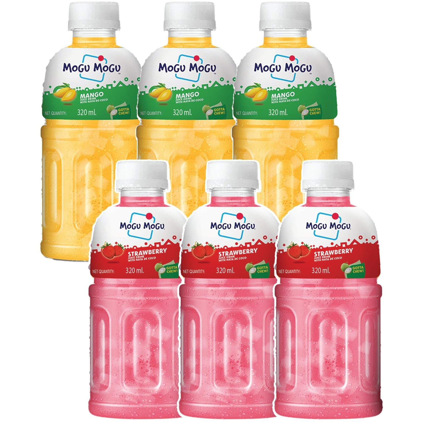 Mogu Mogu Strawberry and Mango Juice 25% with NATA De Coco | Energy Booster Drink | Full of Fruit Fibres | No Added Preservatives and Colours - (Pack of 6, 320ml each)