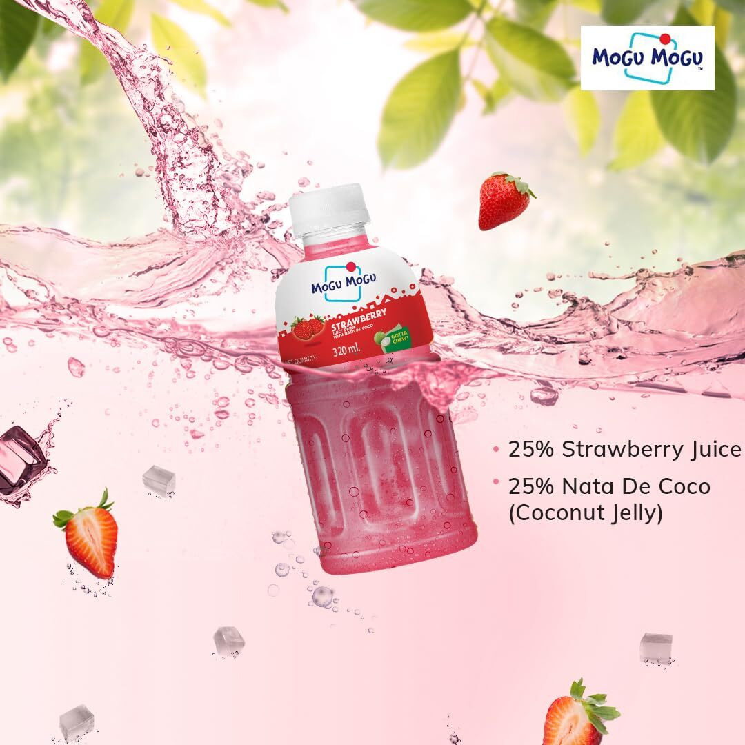 Mogu Mogu Strawberry and Mango Juice 25% with NATA De Coco | Energy Booster Drink | Full of Fruit Fibres | No Added Preservatives and Colours - (Pack of 6, 320ml each)