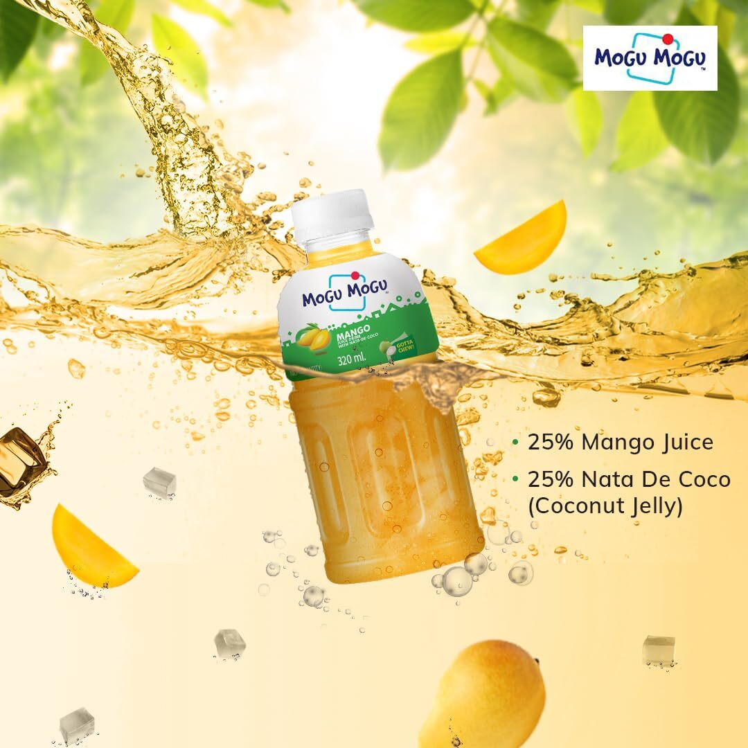 Mogu Mogu Strawberry and Mango Juice 25% with NATA De Coco | Energy Booster Drink | Full of Fruit Fibres | No Added Preservatives and Colours - (Pack of 6, 320ml each)