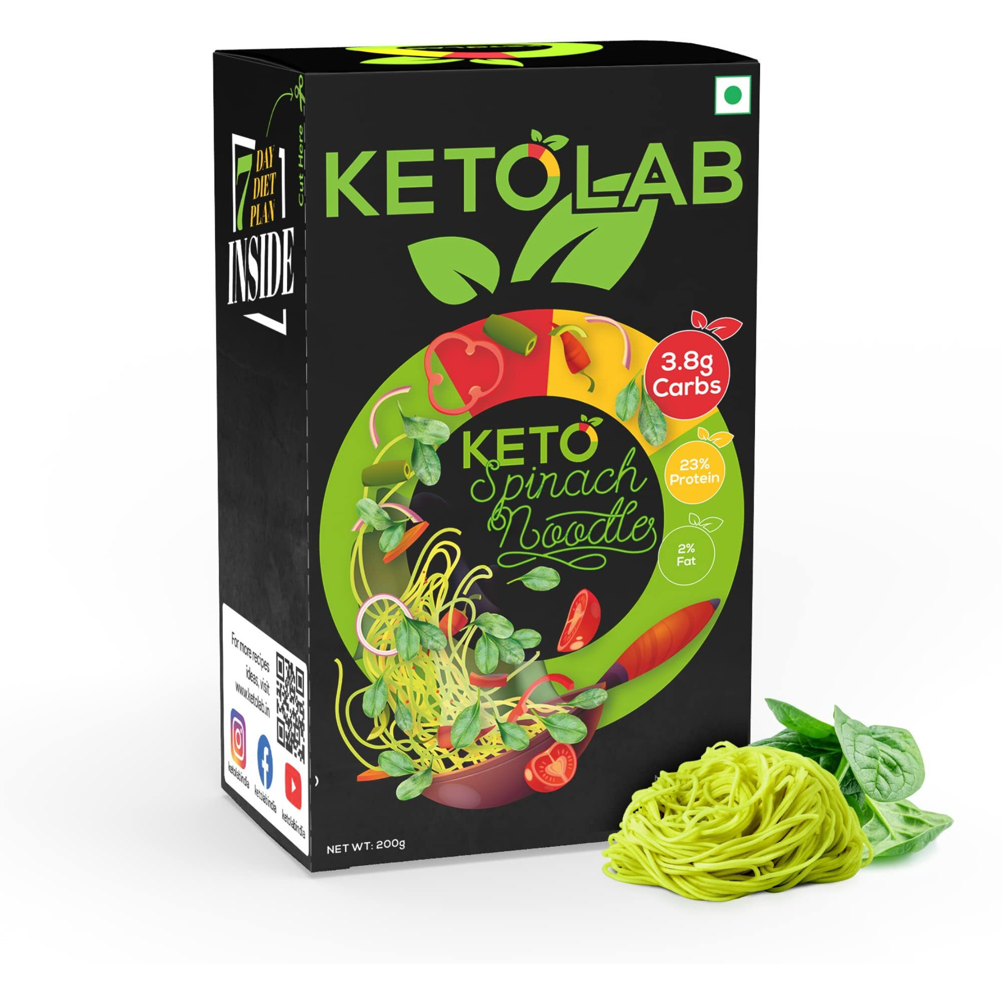 Ketolab Keto Spinach Noodles Spaghetti, 200 Gms, 1 Pack, 3.8g Net Carb & 23% High Protein/Serving, Identical to Regular Noodles, Low Carb, High Fibre, Low GI, Keto Diet, Diabetic Friendly