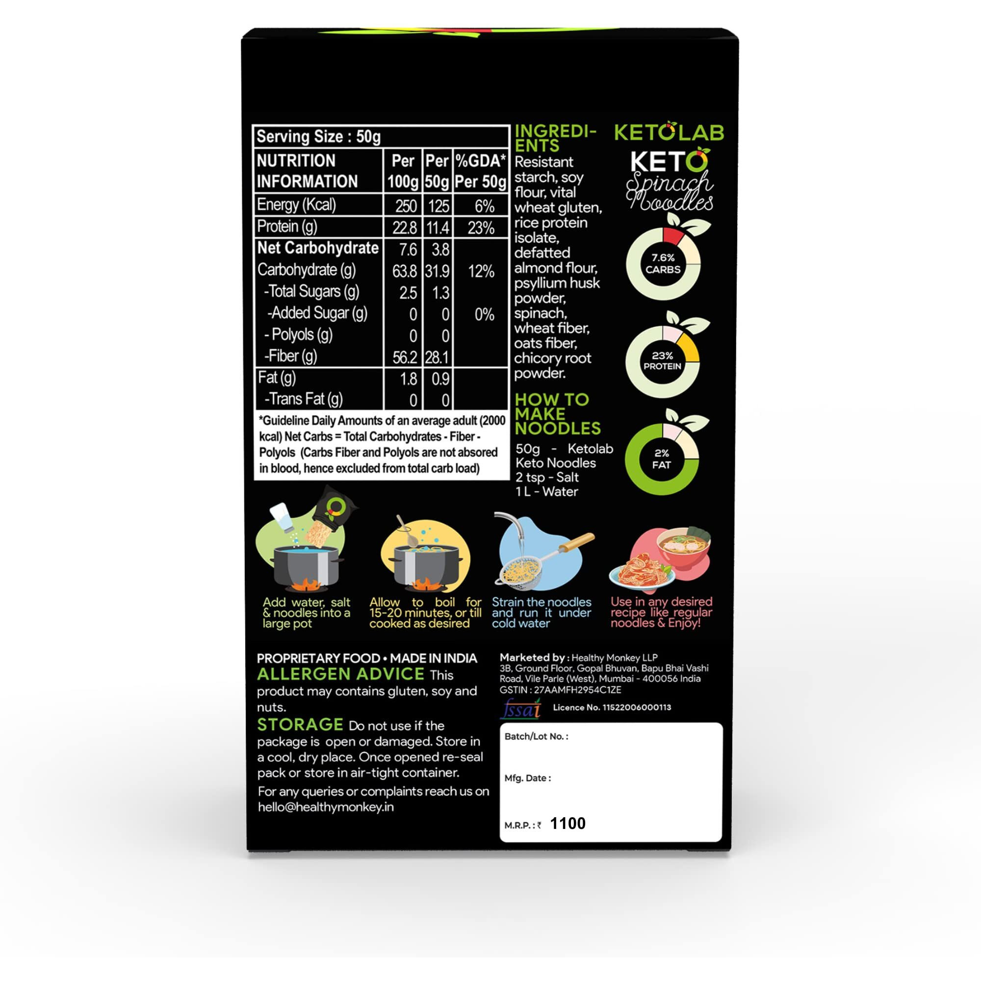 Ketolab Keto Spinach Noodles Spaghetti, 200 Gms, 1 Pack, 3.8g Net Carb & 23% High Protein/Serving, Identical to Regular Noodles, Low Carb, High Fibre, Low GI, Keto Diet, Diabetic Friendly