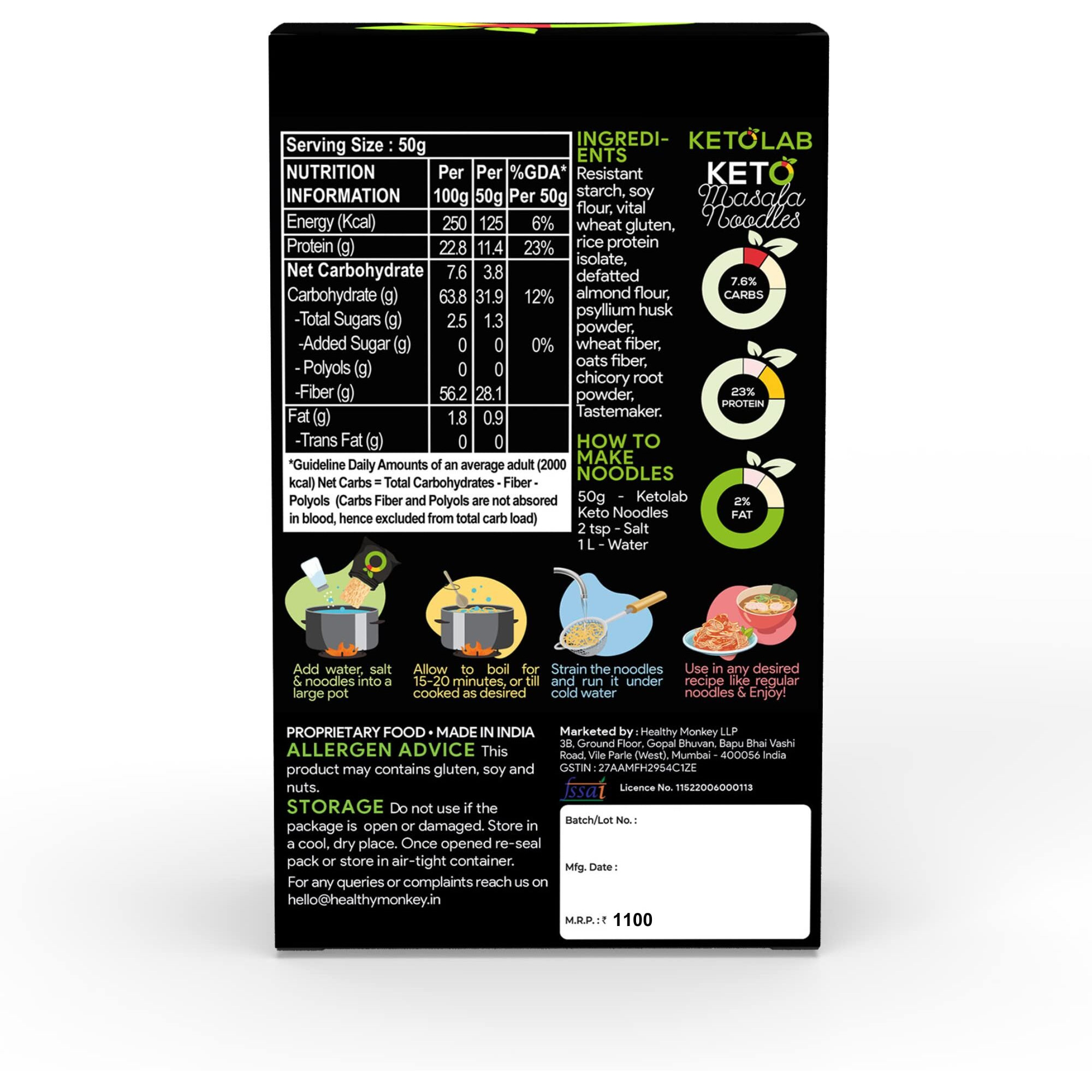 Ketolab Keto Masala Noodles Spaghetti, 200 Gms, 1 Pack, 3.8g Net Carb & 23% High Protein/Serving, Identical to Regular Noodles, Low Carb, High Fibre, Low GI, Keto Diet, Diabetic Friendly