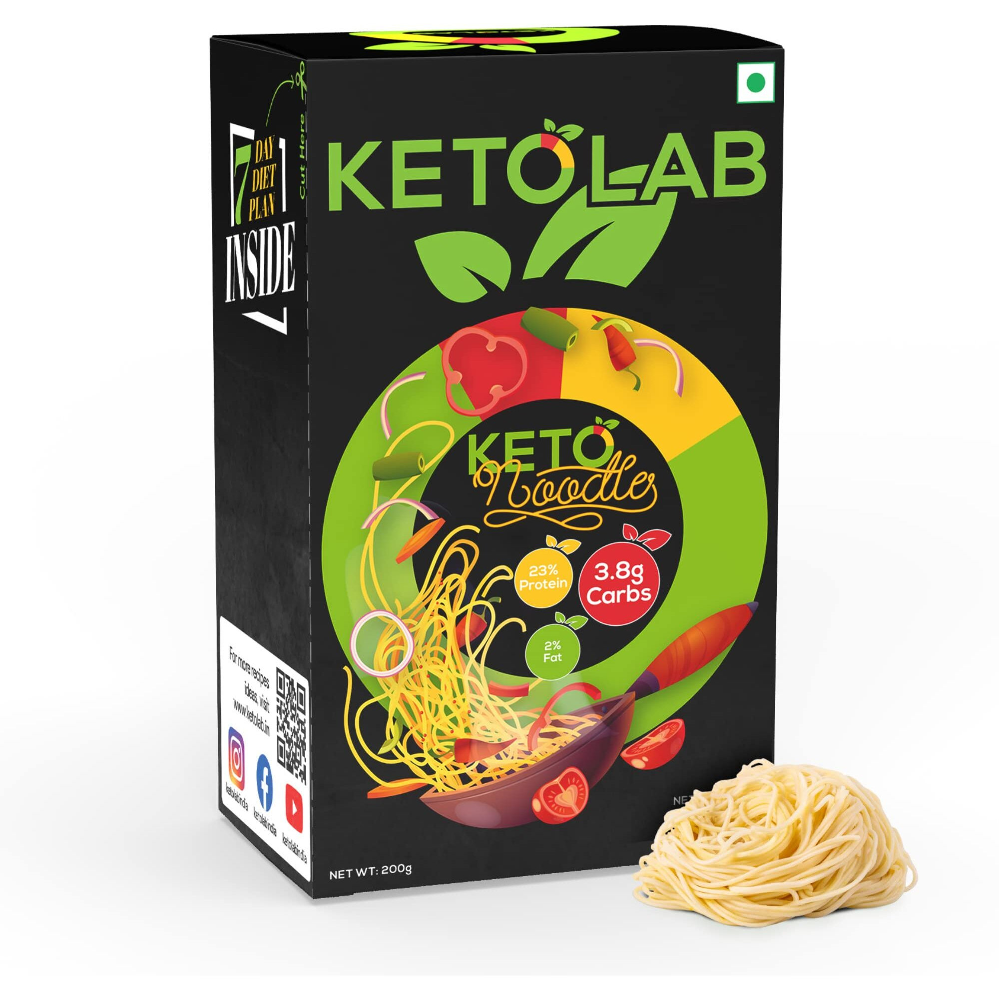 Ketolab Keto Noodles Spaghetti, 200 Gms, 1 Pack, 3.8g Net Carb & 23% High Protein/Serving, Identical to Regular Noodles, Low Carb, High Fibre, Low GI, Keto Diet, Weight Loss, Diabetic Friendly