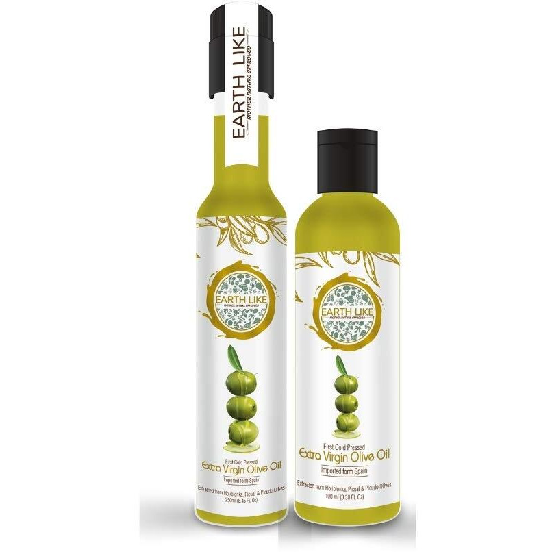 EARTH LIKE Extra Virgin Olive Oil (250ml + 100ml) Imported Premium Cold Pressed & Raw Edible Cooking Oil | Ideal for Skin & Hair Care, Baby Massage and Everday Healthy Cooking