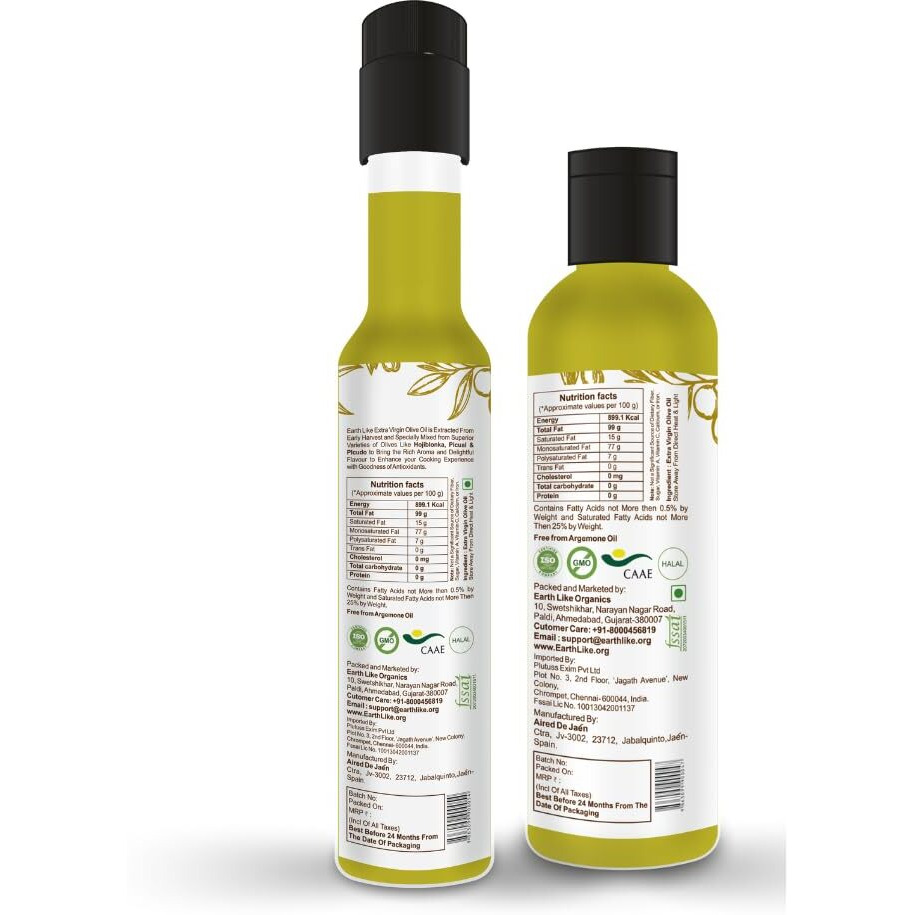 EARTH LIKE Extra Virgin Olive Oil (250ml + 100ml) Imported Premium Cold Pressed & Raw Edible Cooking Oil | Ideal for Skin & Hair Care, Baby Massage and Everday Healthy Cooking