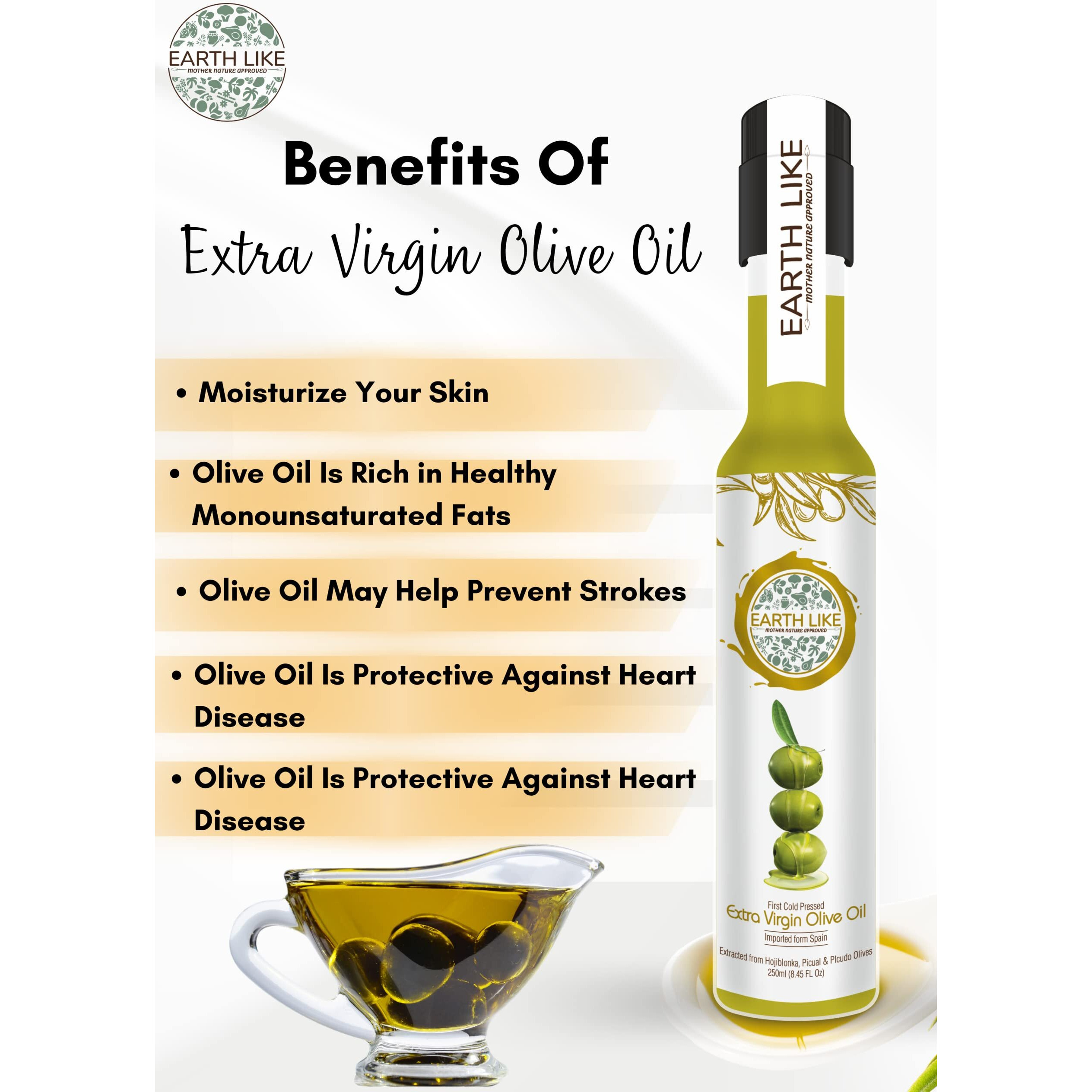 EARTH LIKE Extra Virgin Olive Oil (250ml + 100ml) Imported Premium Cold Pressed & Raw Edible Cooking Oil | Ideal for Skin & Hair Care, Baby Massage and Everday Healthy Cooking