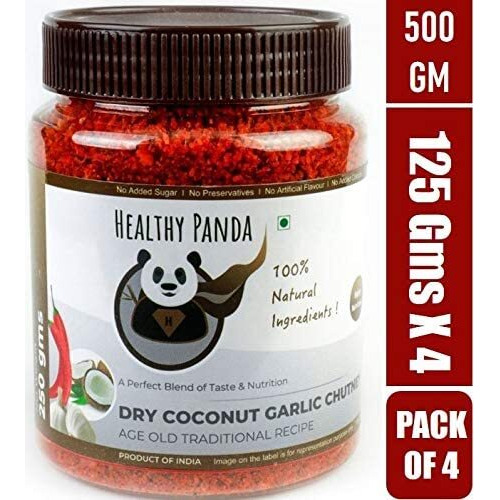HEALTHY PANDA Dry Coconut Garlic Chutney Khobra Lasun Chatni, Kobbari Chatani, Dry Nariyal Chutni - 125 Gram, Pack of 4 (500 Grams)