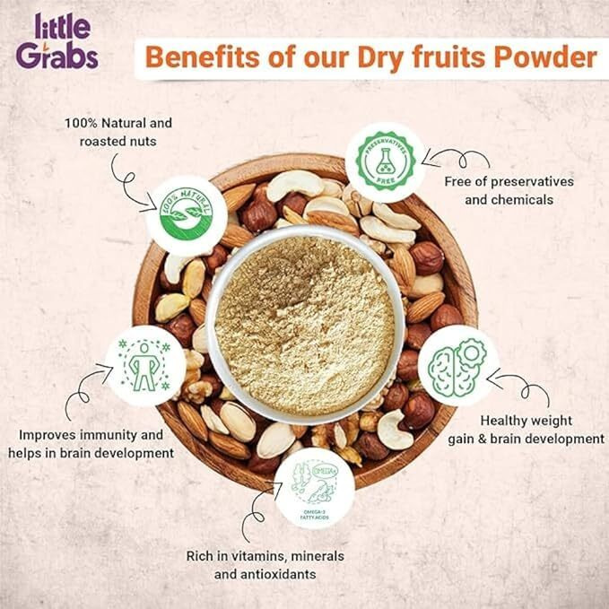 Little Grabs Mix Nuts Dry Fruits Powder - 50Gm Each (Pack of 2) | Healthy & Nutrient Booster made of 5-Superfoods Almonds, Pista, Walnut, Cashew, Saffron | For Weight Gain | 100% Natural | No Sugar