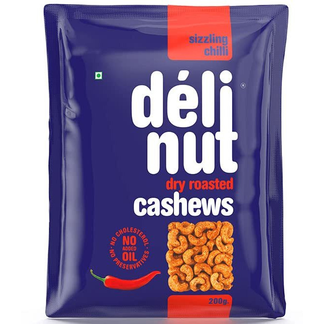 Delinut Dry Roasted Cashews | Plain and Flavoured Cashews (Chilli, 200 gm)