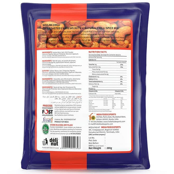 Delinut Dry Roasted Cashews | Plain and Flavoured Cashews (Chilli, 200 gm)