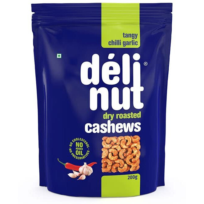 Delinut Dry Roasted Cashews | Plain and Flavoured Cashews (Chilli and Garlic, 200 gm)