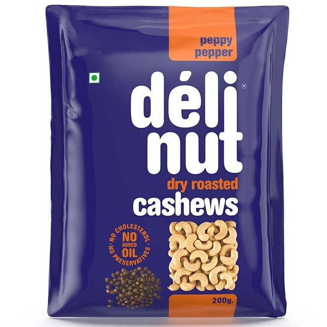 Delinut Dry Roasted Cashews | Plain and Flavoured Cashews (Pepper, 200 gm)