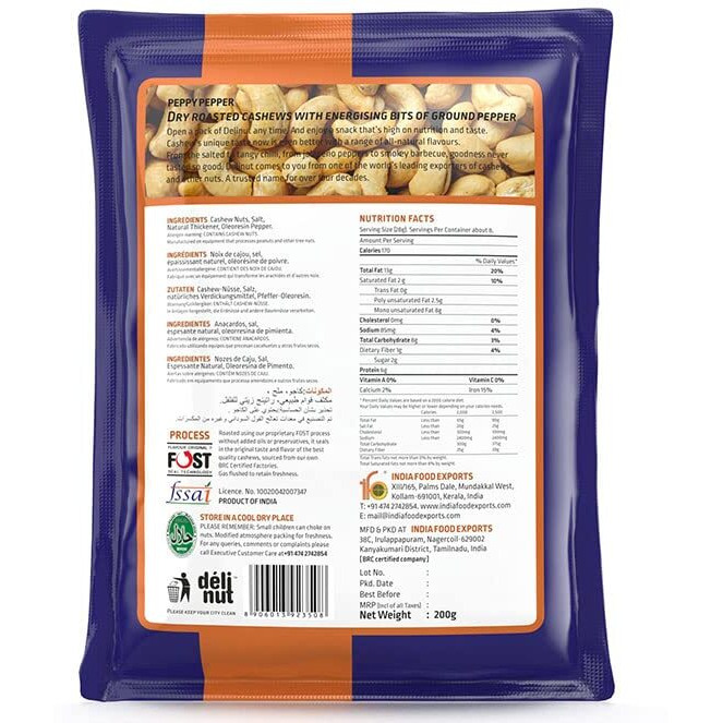 Delinut Dry Roasted Cashews | Plain and Flavoured Cashews (Pepper, 200 gm)